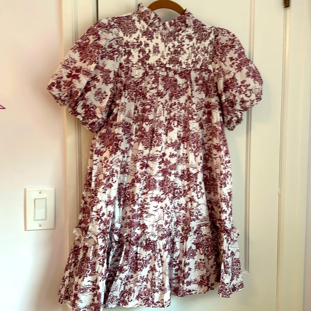 Jane & Jack Cranberry and white high ruffle neck, ballon sleeves dress